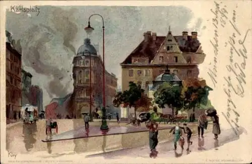 Künstler Litho Kley, Heinrich, München, Karlsplatz bei Regen, Passanten mit Schirmen