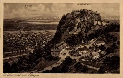 Künstler Ak Singen, Hohentwiel, Scheffel Linde, Gasthof, Felsmassiv