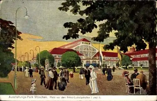 Künstler Ak Bruckner, A., München Bayern,  Ausstellung 1908, Platz von Halle, Besucher