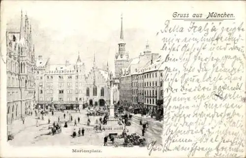 Ak München, Marienplatz, Säule, Passanten, Geschäfte, Kutschen