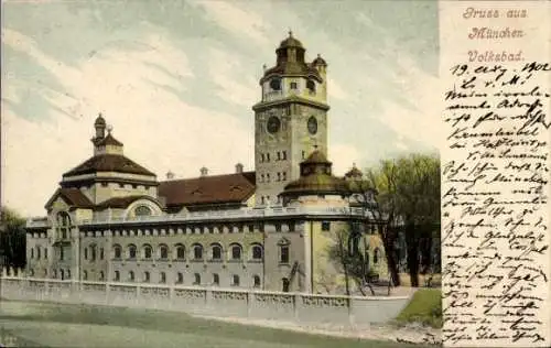 Ak München Bayern, Das Volksbad, Außenansicht von der Straße