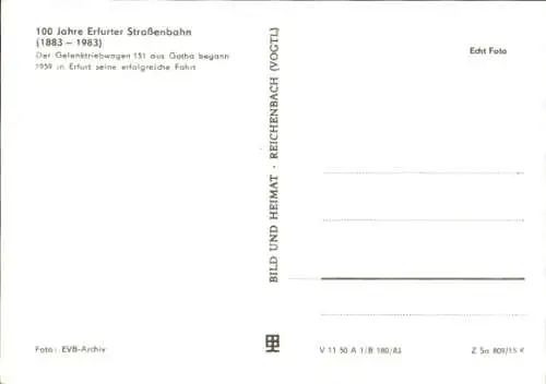 Ak Erfurt, 100 Jahre Erfurter Straßenbahn 1983, Gelenktriebwagen 151 aus Gotha von 1959, Linie 3