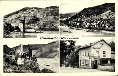 Ak Trechtingshausen am Rhein, Burg Rheinstein, Mäuseturm, Ehrenfels, Weinwirtschaft Winzerhaus