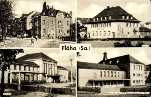 Ak Flöha Sachsen, August Bebel Straße, Rathaus, Postamt, Bahnhof, Lehrkombinat VEB Baumwollspinnerei