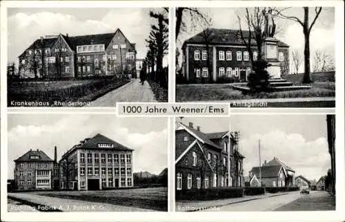 Ak Weener Ostfriesland, Amtsgericht, Rathausstraße, Pudding Fabrik A.J. Polak K.-G., Krankenhaus