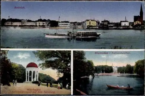 Ak Biebrich am Rhein Wiesbaden, Dampfer, Aussichtstempel auf den Neroberg, Kursaalweiher