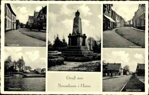 Ak Neuenhaus in Niedersachsen, Hauptstraße, Bahnhofstraße, Kriegerdenkmal, Dinkelpartie