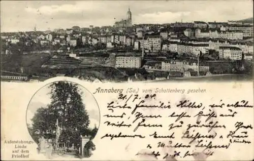 Ak Annaberg Buchholz Erzgebirge, Panorama vom Schottenberg gesehen, Auferstehungslinde aufm Friedhof