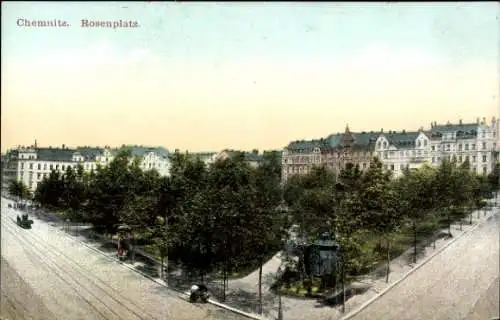 Ak Chemnitz Sachsen, Rosenplatz mit Parkanlagen, Wohnhäuser, Straße