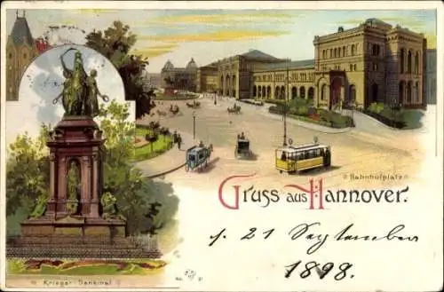 Litho Hannover in Niedersachsen, Bahnhofplatz, Kriegerdenkmal, Straßenbahn