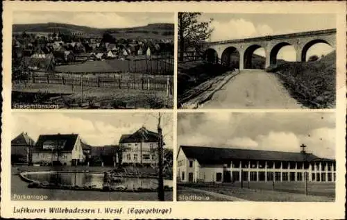 Ak Marsberg im Hochsauerlandkreis, Gesamtansicht, Viadukt, Park, Stadthalle