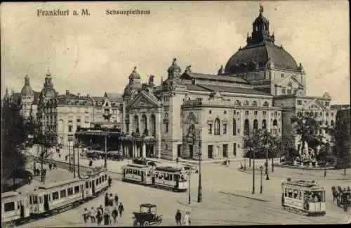 Ak Frankfurt am Main, Schauspielhaus, Straßenbahnen