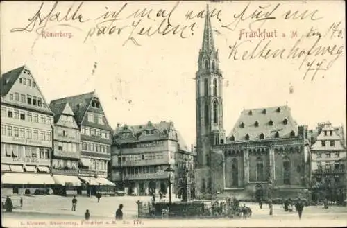 Ak Frankfurt Main, Partie am Römerberg mit Brunnen