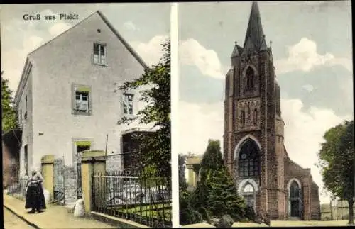 Ak Plaidt in der Eifel, Kirche, Wohnhaus, alte Frau