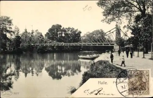 Ak Halle an der Saale, Partie an der Peissnitzbrücke, Boot