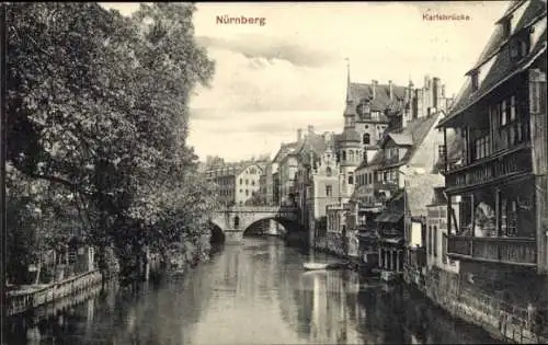Ak Nürnberg Bayern, Karlsbrücke, Fluss, Wohnhäuser, Kajak