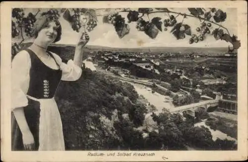 Ak Bad Kreuznach in Rheinland Pfalz, Ortsansicht, Weinrebe, Dame in Tracht