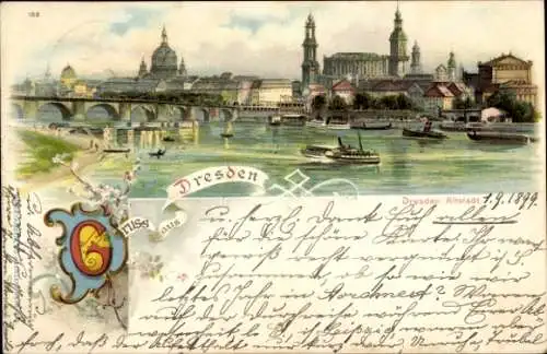 Litho Dresden Zentrum Altstadt, Panorama, Brücke