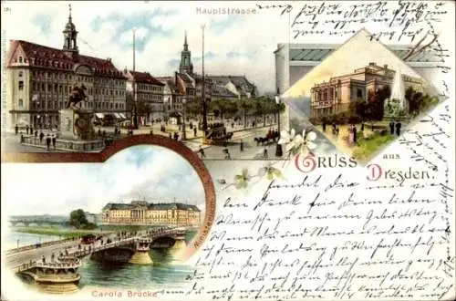 Litho Dresden, Hauptstraße, Albert-Theater, Carola-Brücke