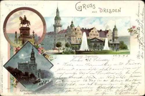 Litho Dresden in Sachsen, Königl. Schloss, Kath. Hofkirche, König Johann Denkmal