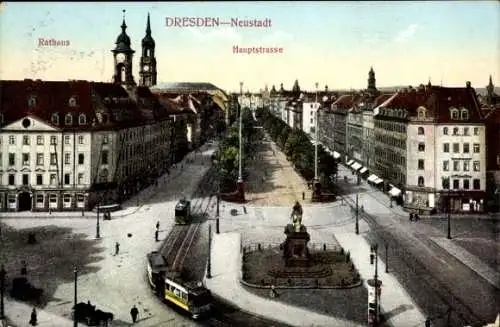 Ak Dresden Neustadt, Hauptstraße und Rathaus, Straßenbahn