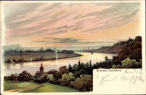 Künstler Litho H. Wunderlich, Dresden Nordost Loschwitz, Elbpanorama, Teilansicht der Stadt