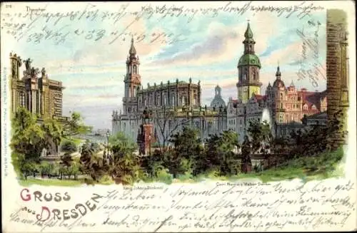 Litho Dresden Altstadt,  König-Johann-Denkmal, Theater, Kath. Hofkirche