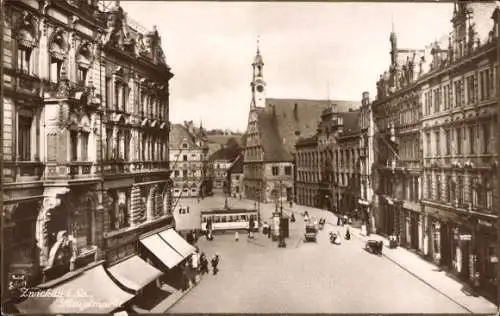 Ak Zwickau in Sachsen, Hauptmarkt, Rathaus, Straßenbahn