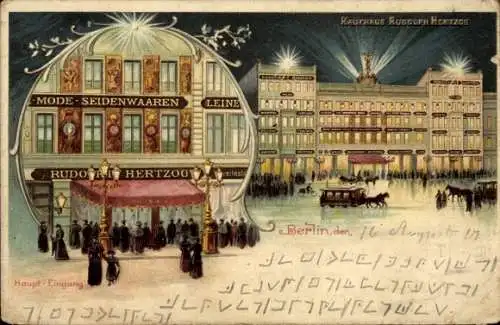 Litho Berlin Mitte, Kaufhaus Rudolph Hertzog, Haupteingang, Mode - Seidenwaren, Passanten