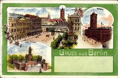 Litho Berlin Mitte, Alexanderplatz, Luther Denkmal, Rathaus