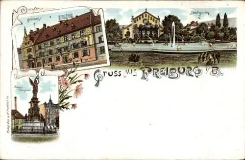 Litho Freiburg im Breisgau, Stadtgarten, Rathaus, Denkmal