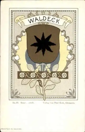 Wappen Litho Waldeck-Pyrmont, Herrschergeschlecht, Verlag Paul Kohl Chemnitz Nr. 46