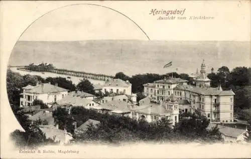 Ak Ostseebad Heringsdorf auf Usedom, Aussicht vom Kirchturm, Seebrücke