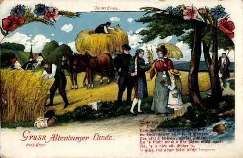 Litho Gruß aus dem Altenburger Lande, In der Ernte, Landwirte bei der Feldarbeit