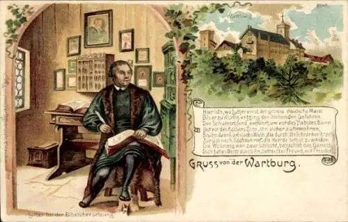 Litho Lutherstadt Eisenach in Thüringen, Wartburg, Luther bei der Bibelübersetzung