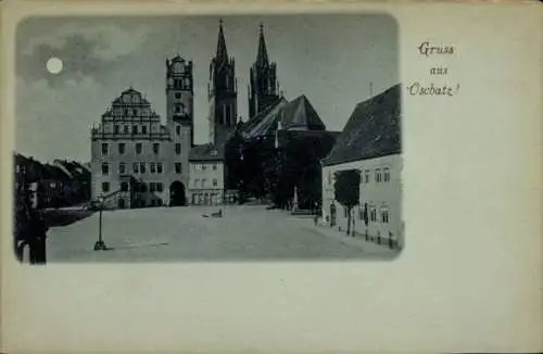 Mondschein Ak Oschatz in Sachsen, Rathaus, Kirche