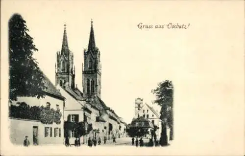 Ak Oschatz in Sachsen, Straßenpartie, Kirche