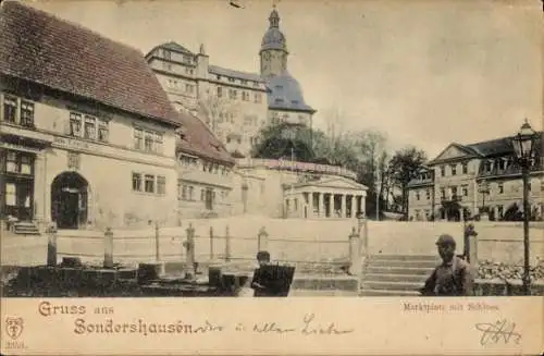 Ak Sondershausen im Kyffhäuserkreis Thüringen, Marktplatz mit Schloss