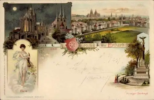 Mondschein Litho Erfurt in Thüringen, Dom, Severikirche bei Nacht, Flora, Kriegerdenkmal