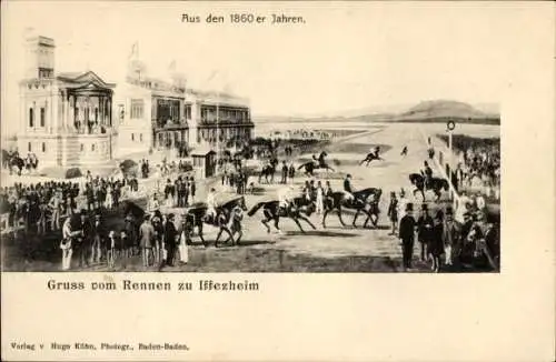 Ak Iffezheim am Rhein, Gruß vom Rennen zu Iffezheim, Pferderennen, Aus den 1860er Jahren