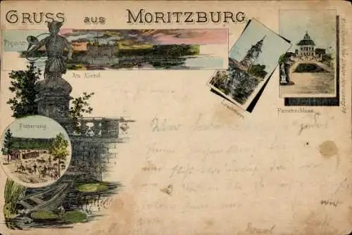 Litho Moritzburg in Sachsen, Jagdschloss, Leuchtturm, Fasanschloss, Piqueur, Fütterung