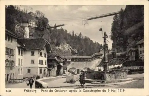 Ak Fribourg Freiburg Stadt Schweiz, Gotteron-Brücke nach dem Einsturz, 9. Mai 1919