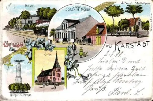 Litho Karstädt in der Prignitz, Altenteilhaus, Gasthof, Kirche, Bahnhof, Gleisseite, Kriegerdenkmal