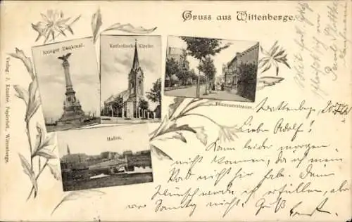 Ak Wittenberge an der Elbe Prignitz, Kriegerdenkmal, Katholische Kirche, Hafen