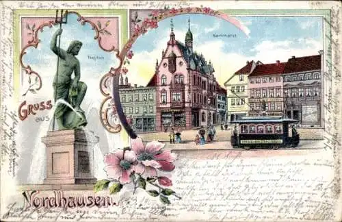 Litho Nordhausen am Harz, Kornmarkt, Neptun, Straßenbahn