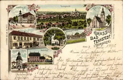 Litho Bad Tennstedt Thüringen, St. Trinitatis Kirche, Schützenhaus, Bahnhof, Osthofer Tor, Gasthaus