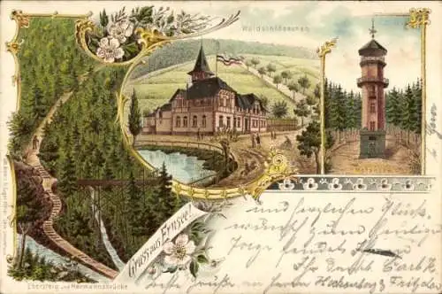 Litho Ernsee Gera in Thüringen, Aussichtsturm Metzhöhe, Waldschlösschen, Ebersteig, Hermannsbrücke