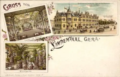 Litho Gera Thüringen, Etablissement Lindenthal, Ballsaal, Wintergarten, Inh. Otto Uhlemann