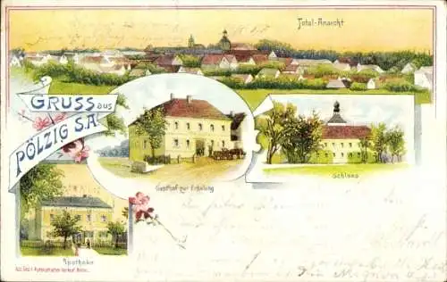 Litho Pölzig in Thüringen, Gasthof zur Erholung, Apotheke, Schloss, Totale