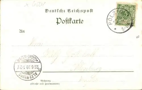 Litho Pölzig in Thüringen, Gasthof zur Erholung, Apotheke, Schloss, Totale
